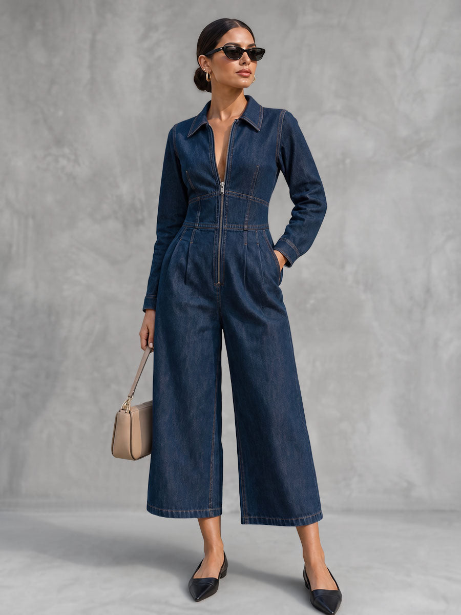 Cropped Denim-Blend Lapel Jumpsuit with Long Sleeves