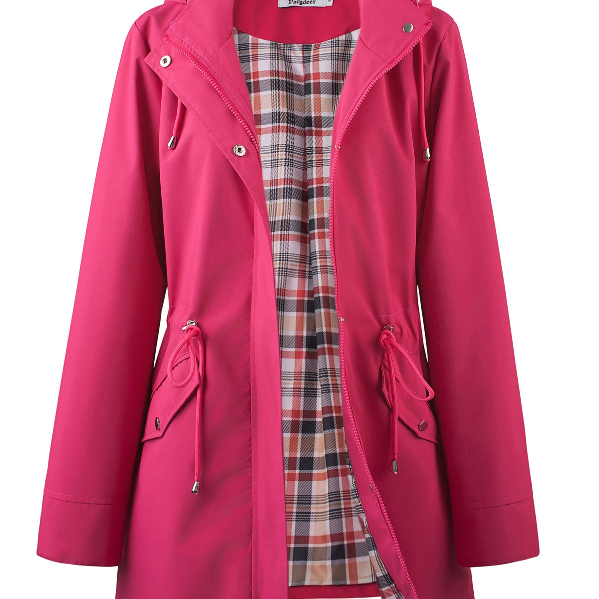 Hooded drawstring waist zip up coat with fully lined in Rose Red
