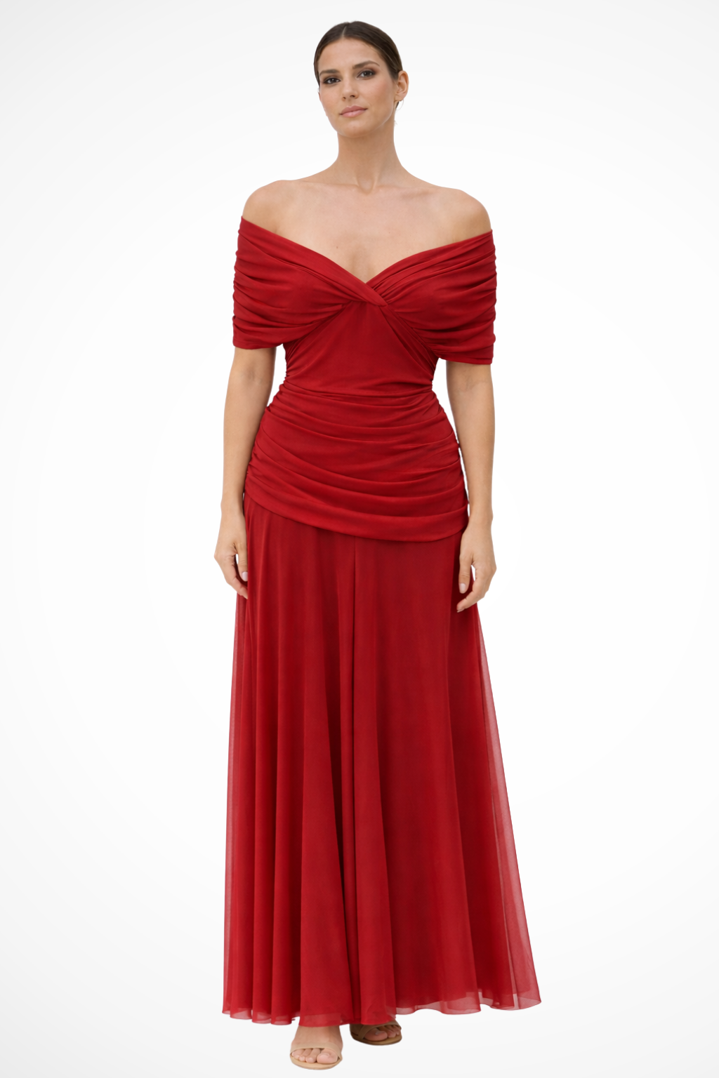 Women's off shoulder dress gently flared pleated skirt