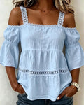Lace patchwork cold shoulder 3/4 sleeve blouse, front view