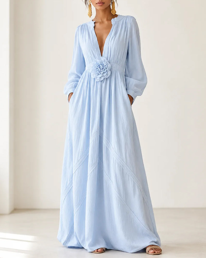 Blue V-Neck 3D Floral Full Skirt Maxi Dress