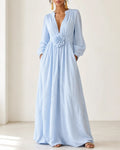 Blue V-Neck 3D Floral Full Skirt Maxi Dress