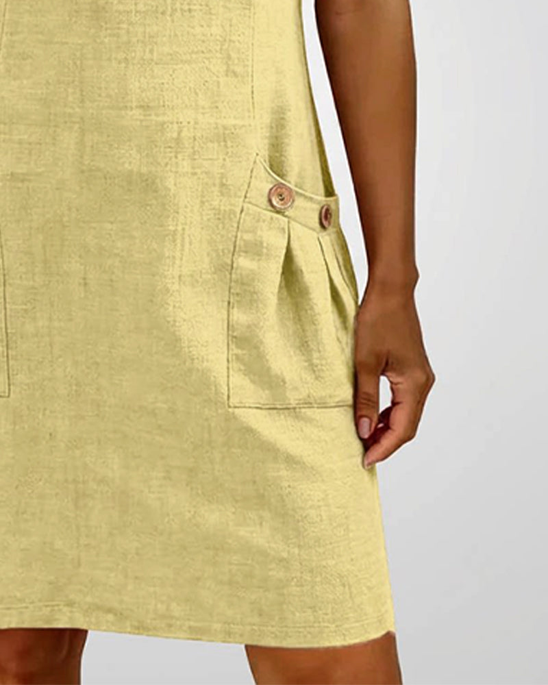 Round Neck Short Sleeve Pocket Zip Cotton Linen Dress