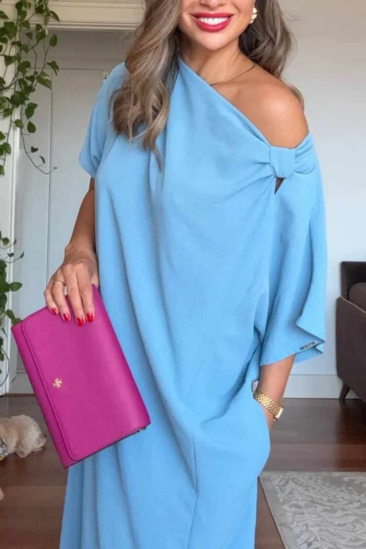 One-shoulder maxi dress in blue, summer evening occasion styling | Alba Muse
