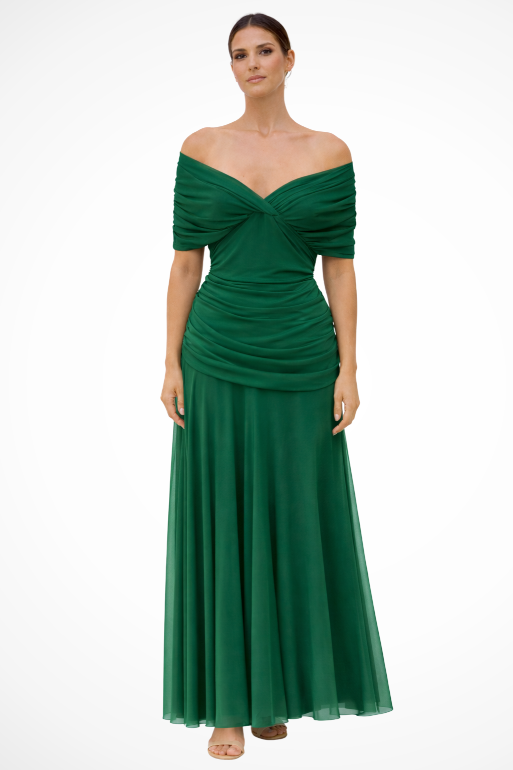 Women's pleated flowing skirt dress off shoulder neckline