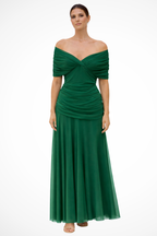 Women's pleated flowing skirt dress off shoulder neckline