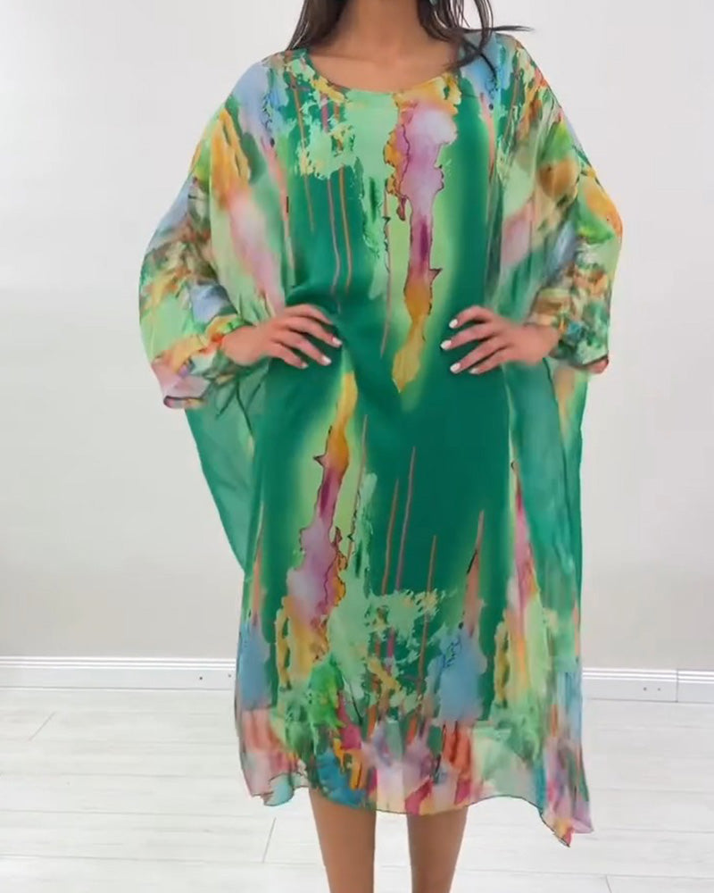 Smudged print batwing sleeve round neck midi dress, front view
