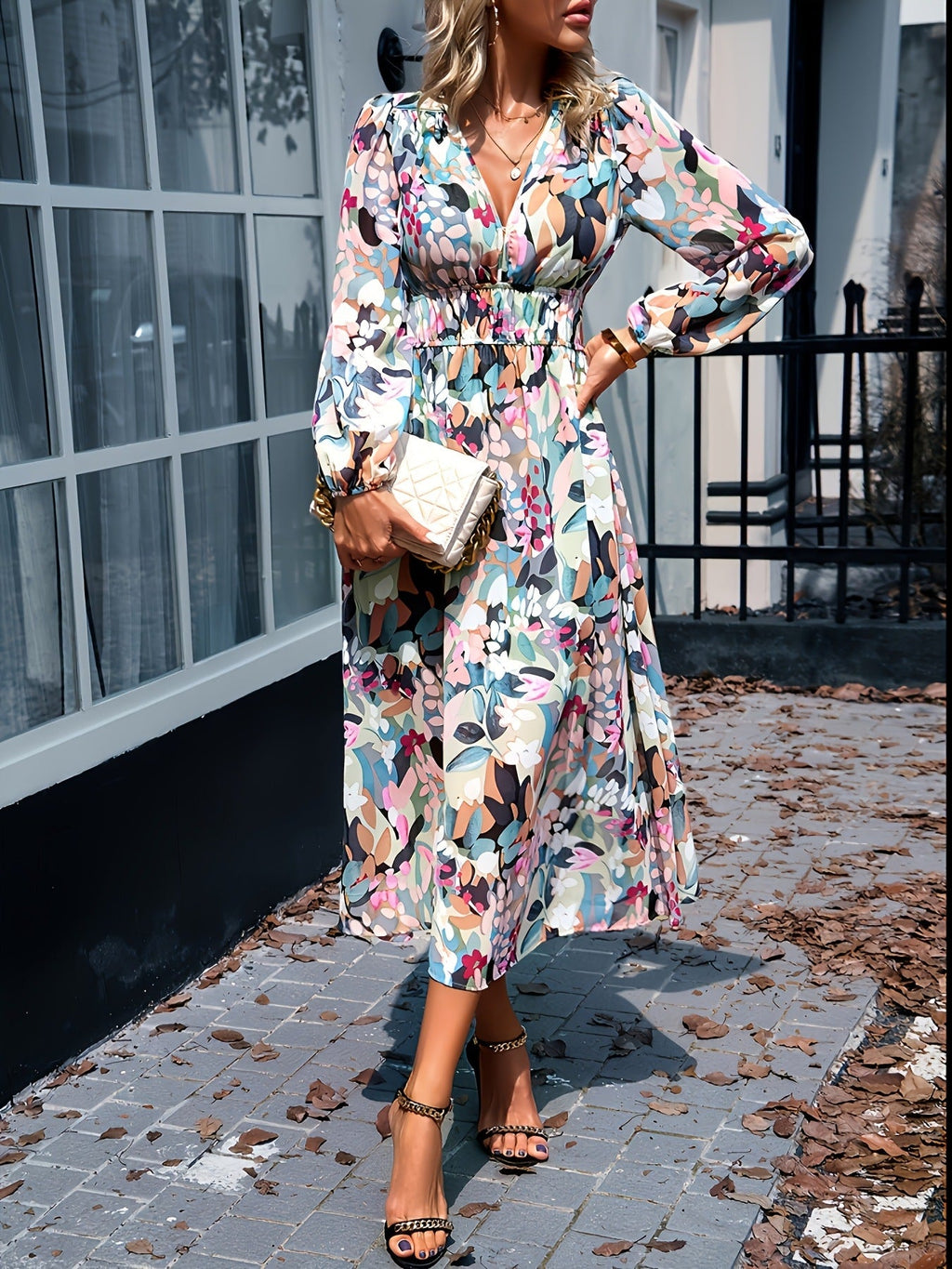 Women's floral print long sleeve midi dress, second colourway side view