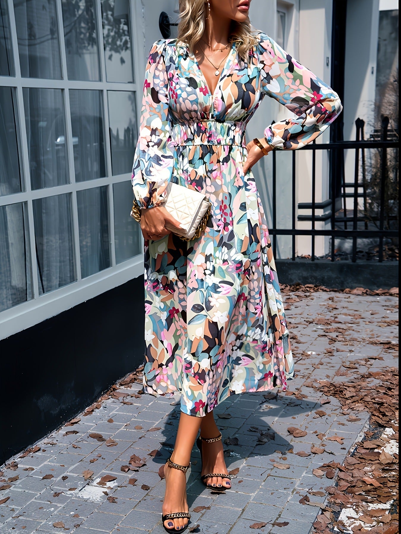 Women's floral print long sleeve midi dress, second colourway side view