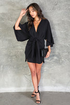 Tied Waist Mini Dress with Deep V-Neck – Casual