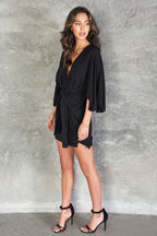 Tied Waist Mini Dress with Deep V-Neck – Casual