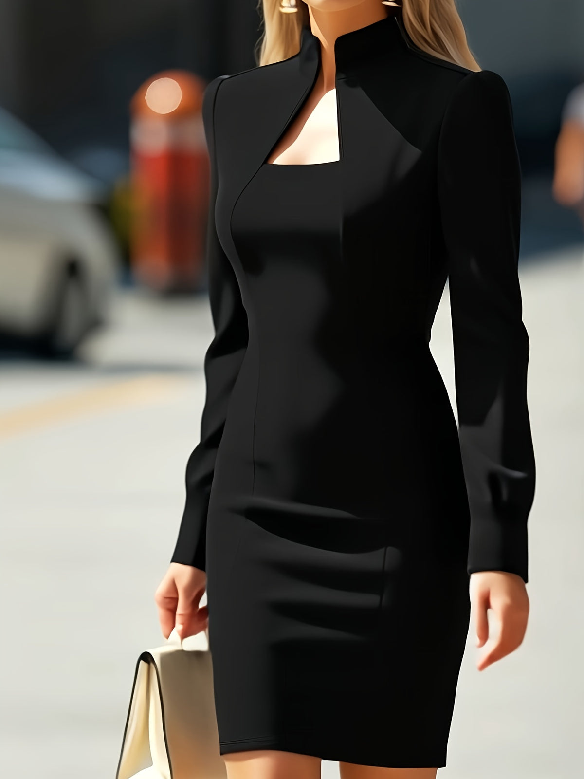 High neck long sleeve fitted mini dress with long sleeves