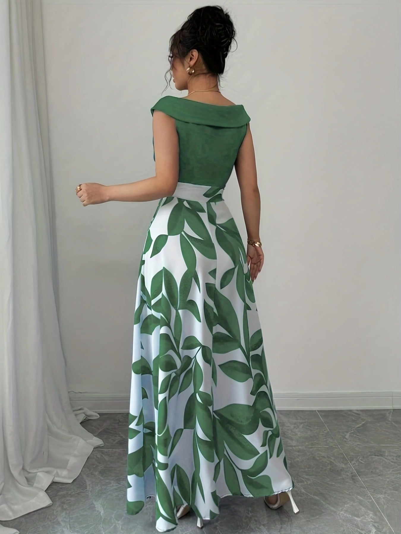 Wedding guest A-line maxi dress in blue, side view