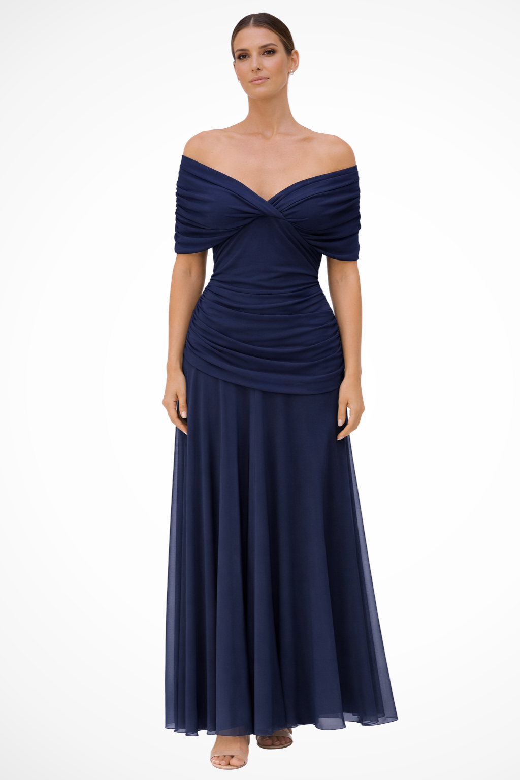 Women's elegant off shoulder dress full view garden party