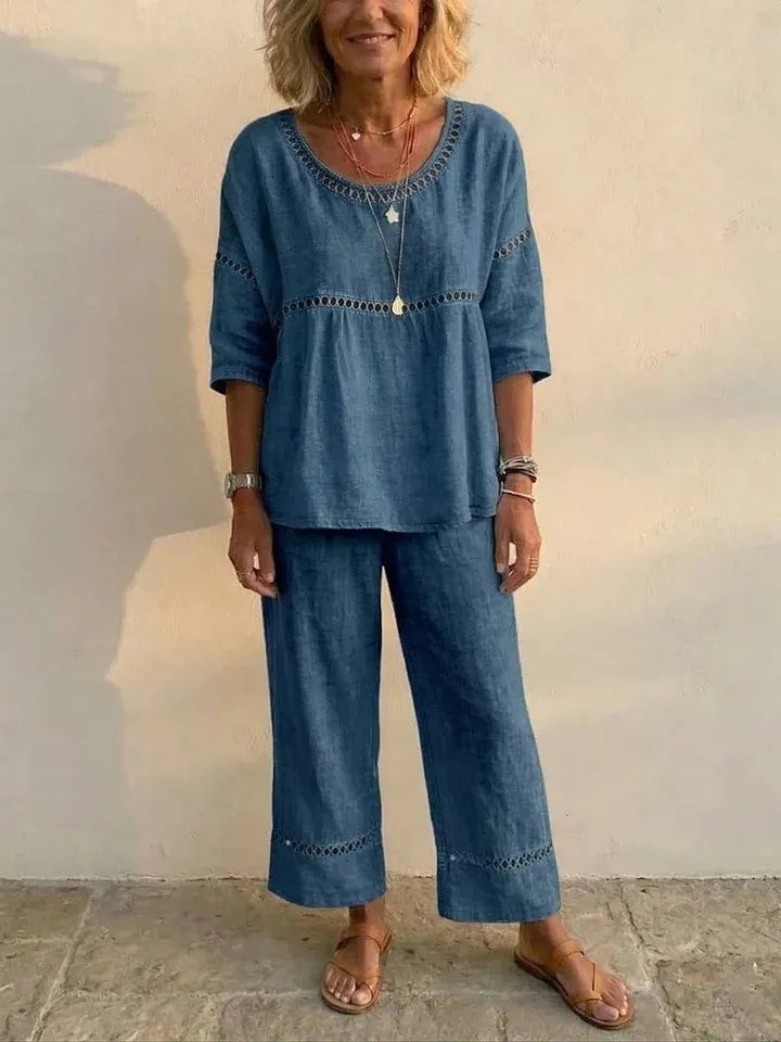 Eyelet two-piece set in navy blue, co-ordinated linen outfit | Alba Muse