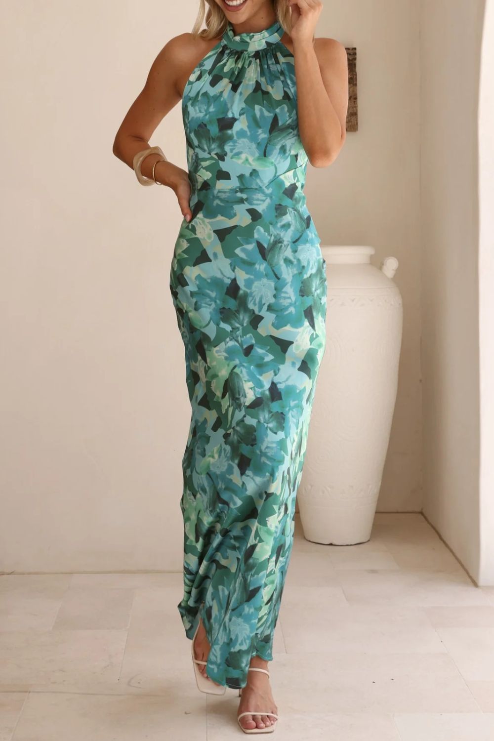 Floral Print Halter Neck Maxi Dress with Slit – Wedding Guest