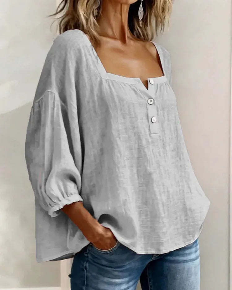 Square neck boho shirt in yellow, easy summer styling | Alba Muse