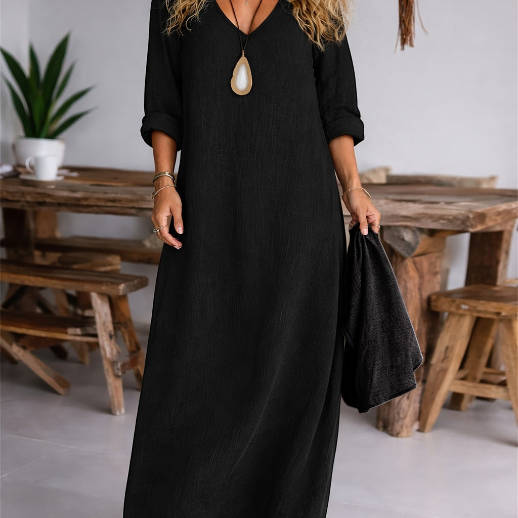V-neck long sleeve loose linen maxi dress | Alba Muse
