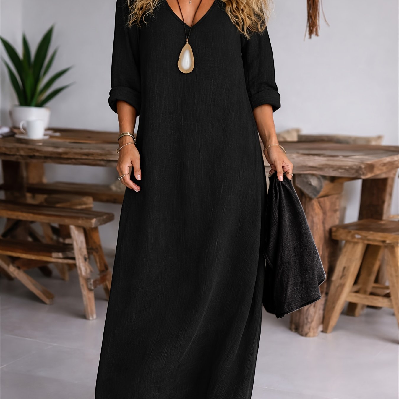 V-neck long sleeve loose linen maxi dress | Alba Muse