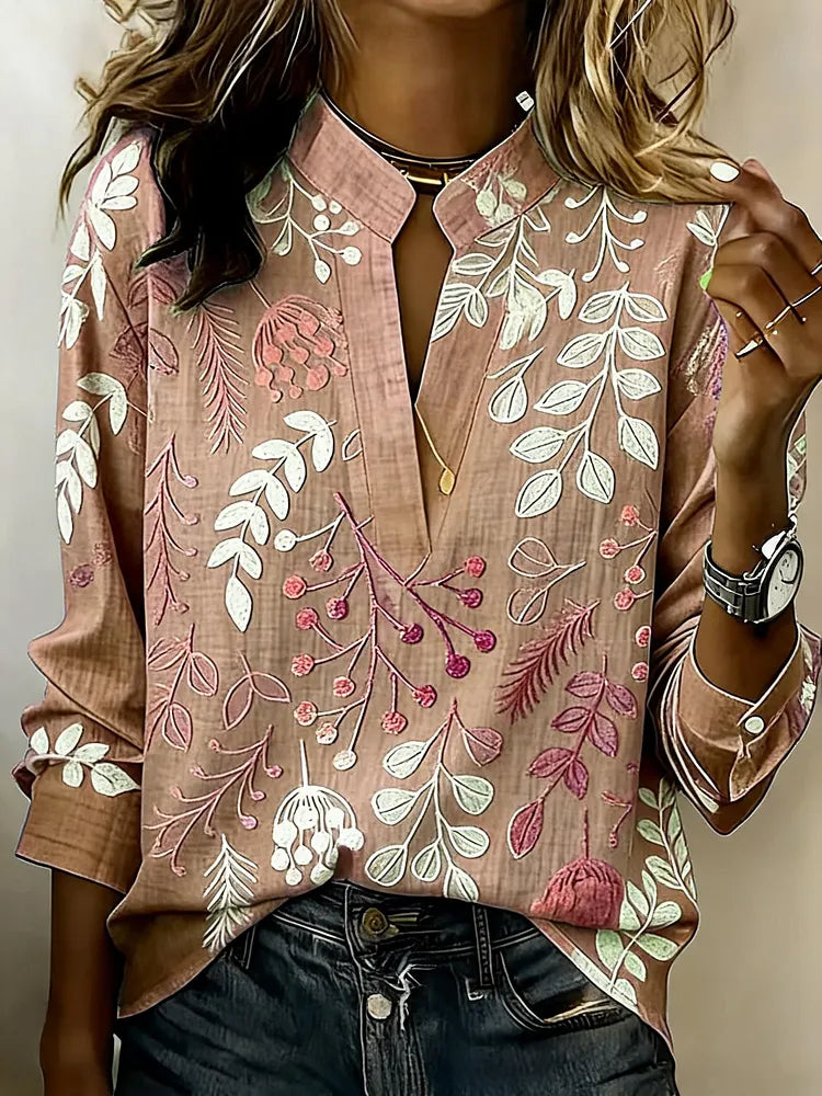 Minimalist embroidered shirt, full-length model view in soft blue | Alba Muse
