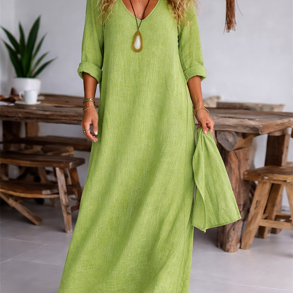 V-neck long sleeve loose linen maxi dress | Alba Muse