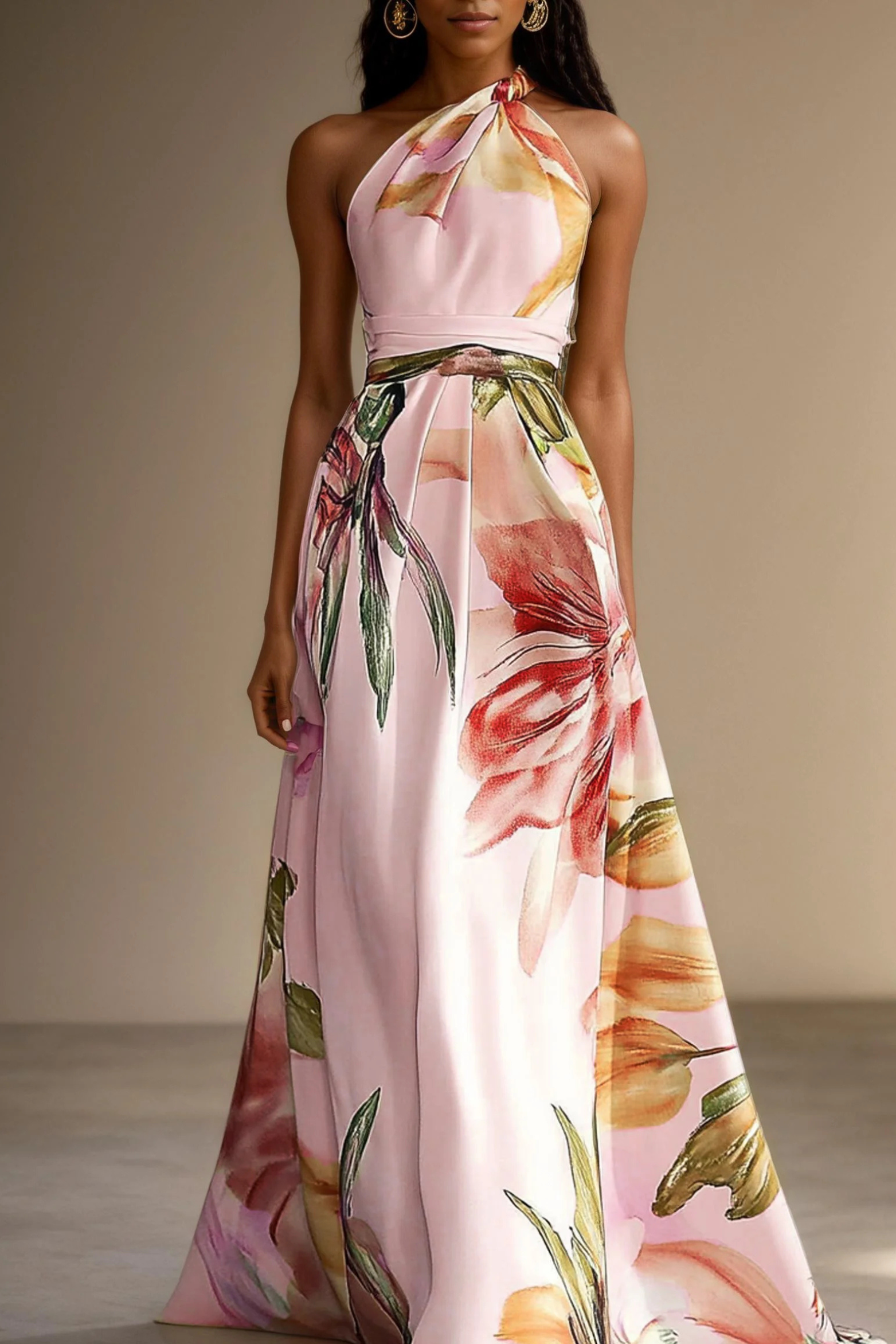 Pink floral one shoulder satin maxi dress – full length occasion view