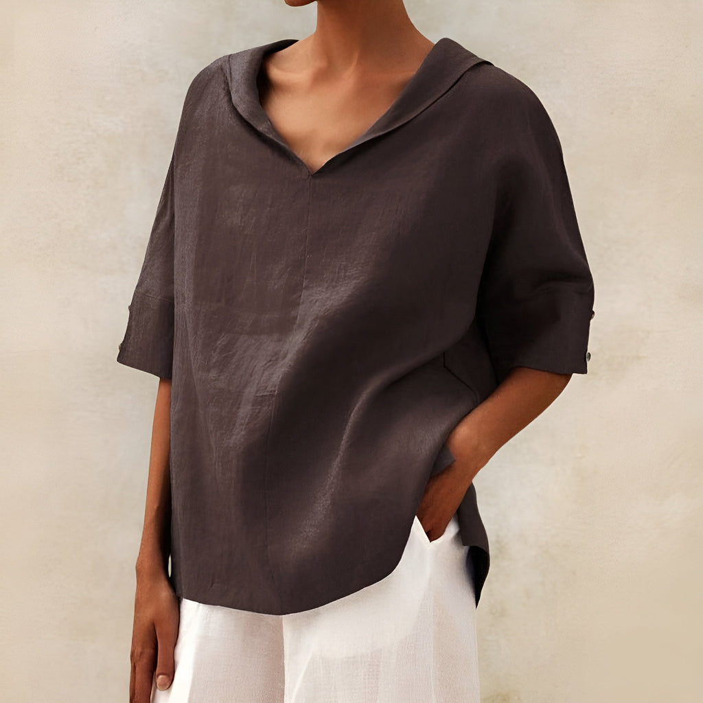 Relaxed drape casual blouse in brown, front view