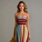 Strapless maxi dress with flowing pleated skirt in multicolour – side view