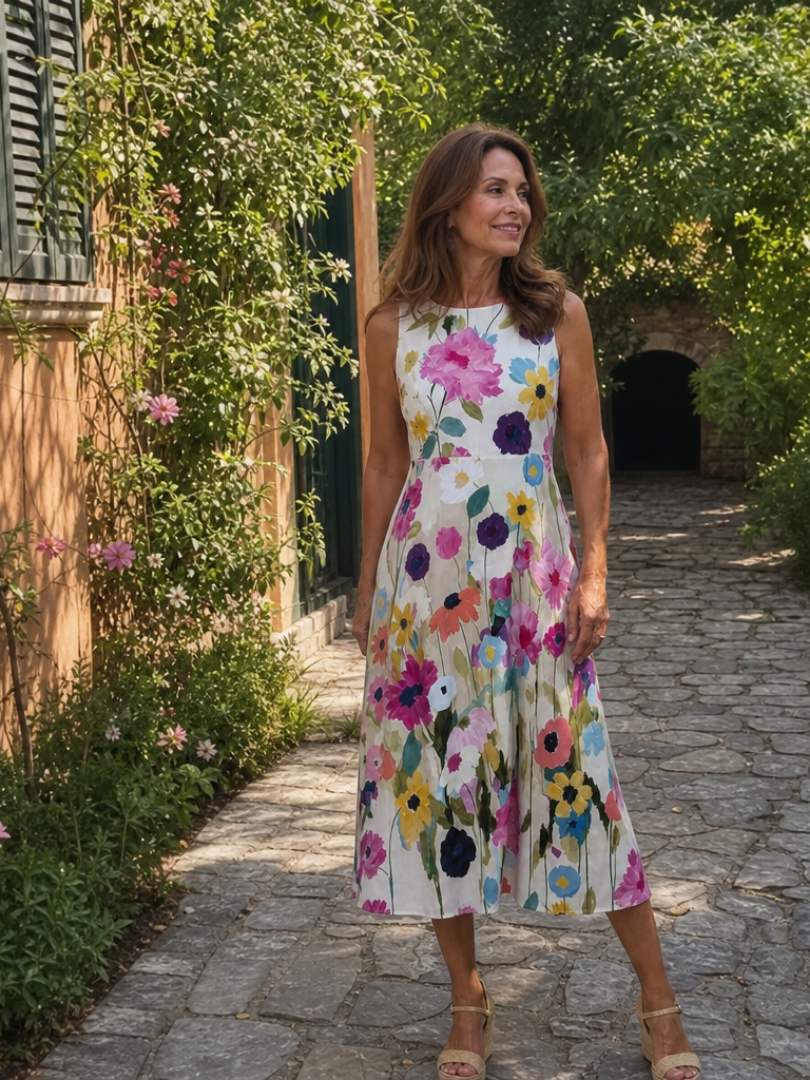 Floral sleeveless midi dress, full length front view