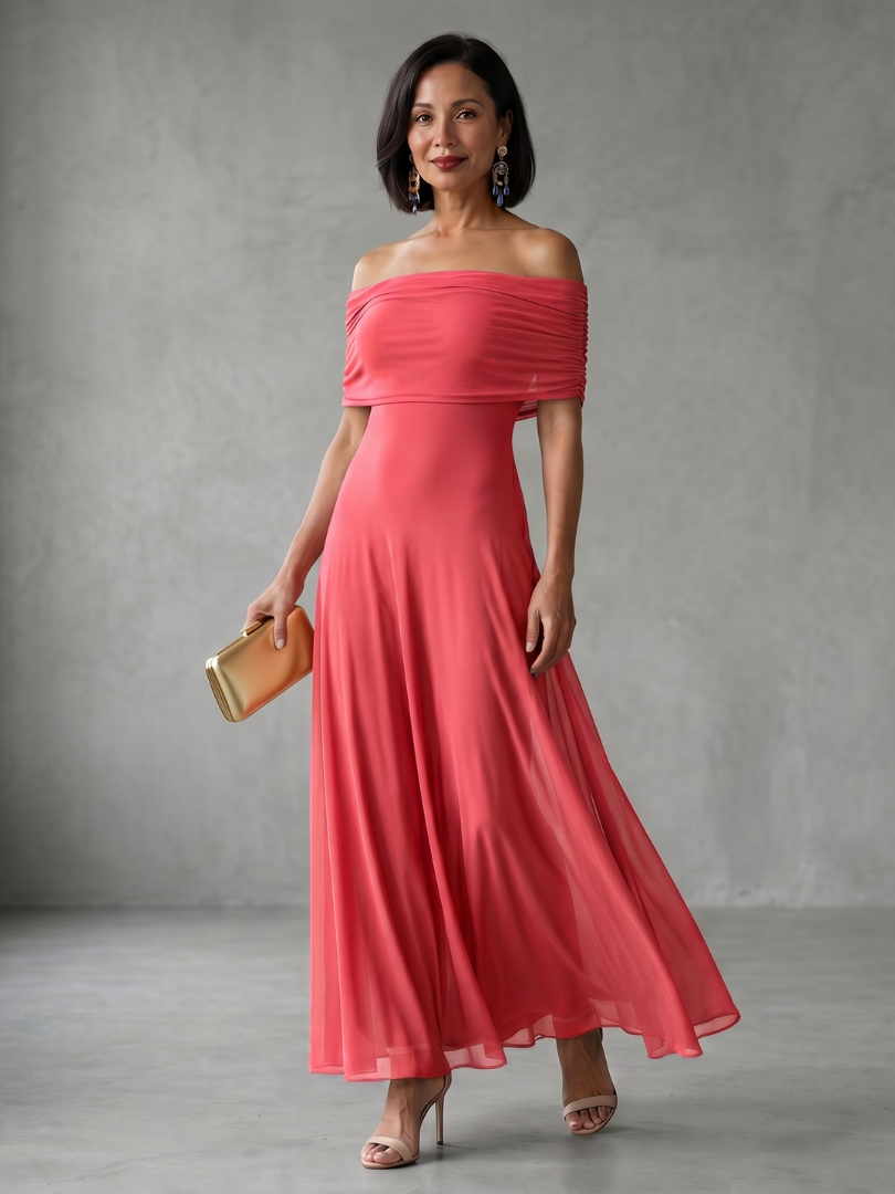 Off-shoulder draped midi dress, back view
