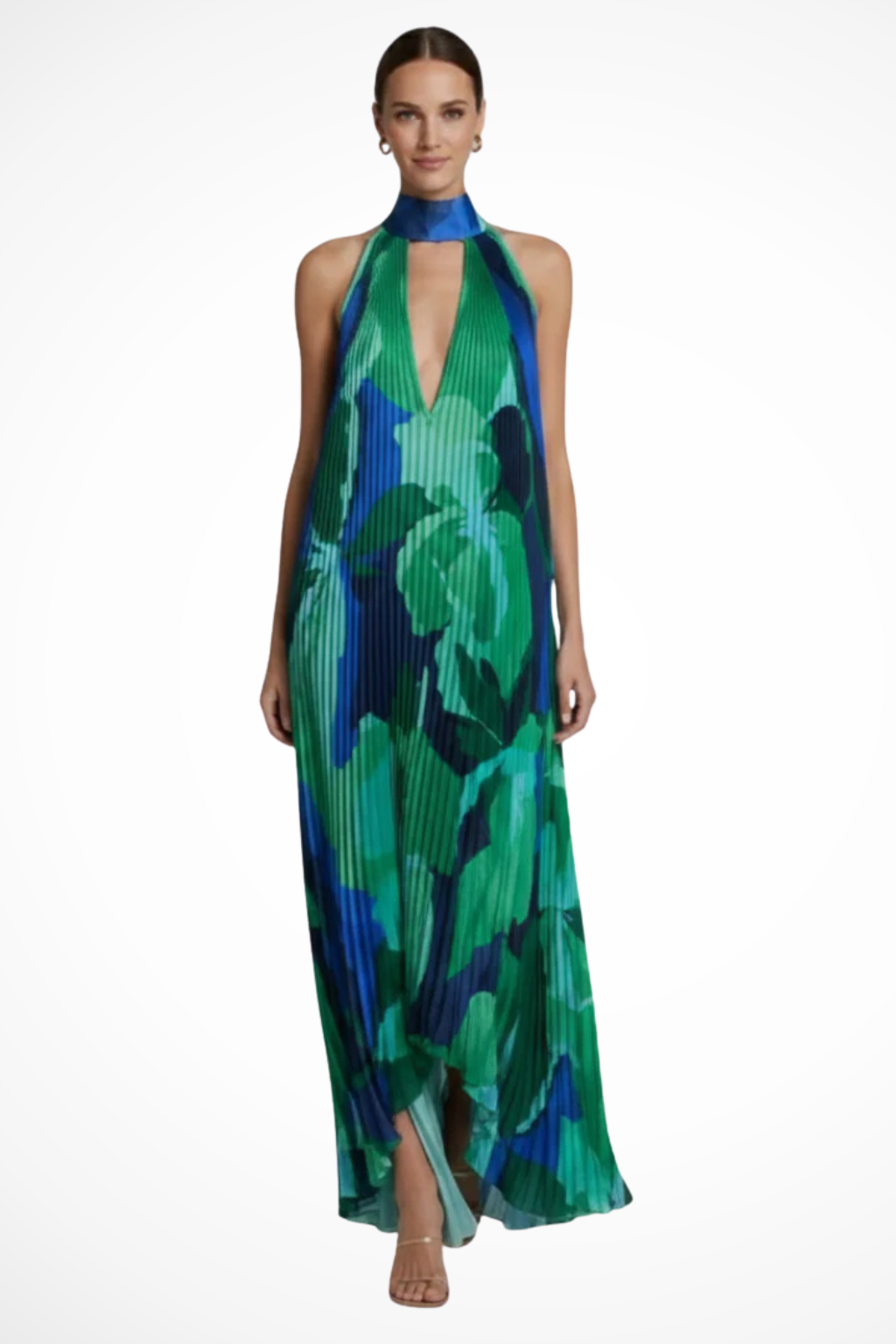 Women's printed pleated halter neck maxi dress, close-up of neckline and keyhole detail