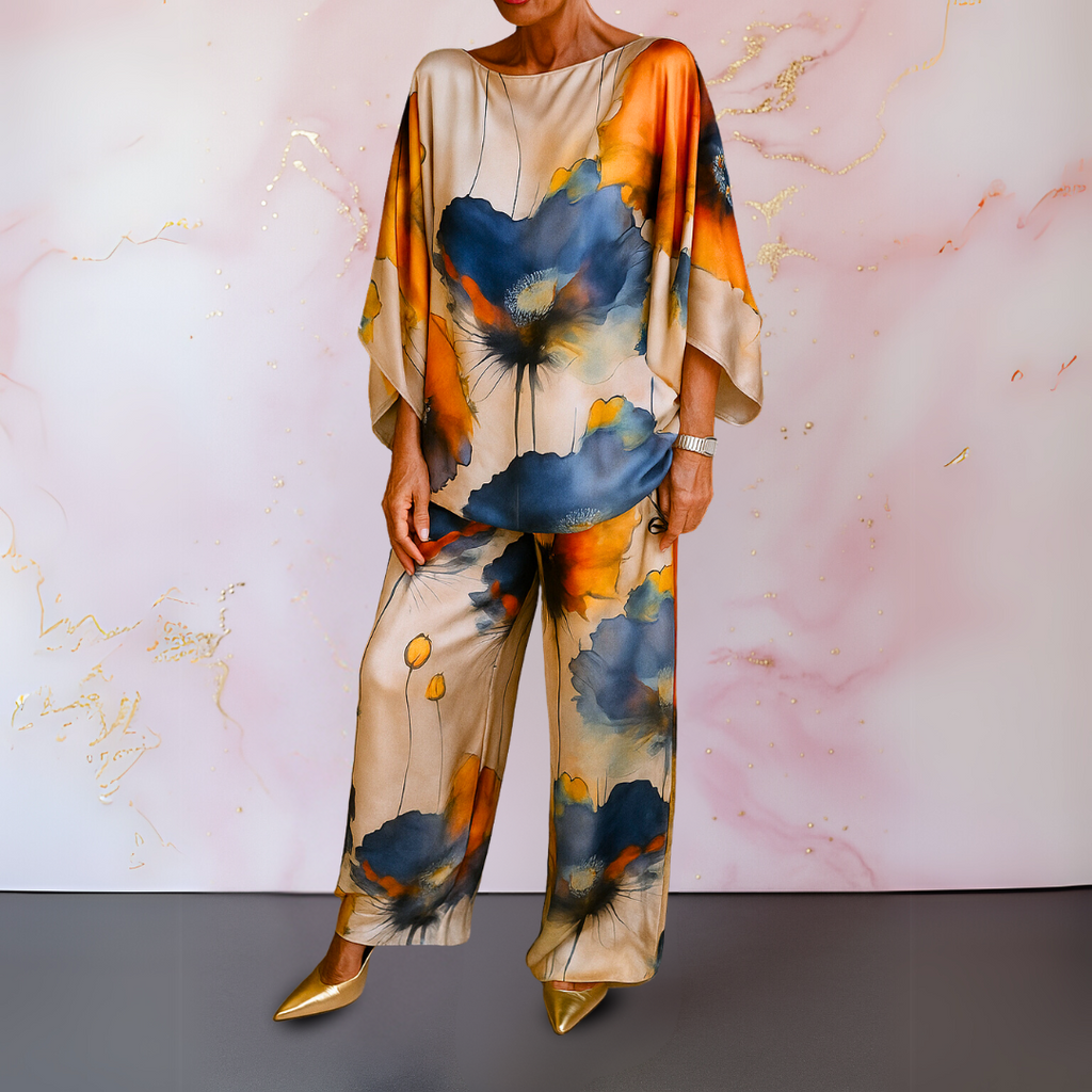 Loose top and wide leg pants co-ord set in navy blue, front view