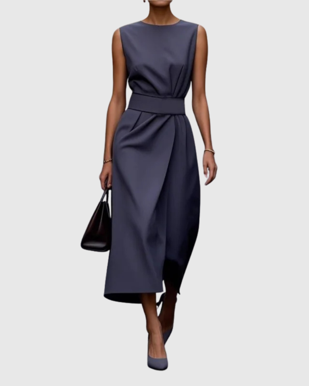 Round Neck Sleeveless Draped Midi Dress