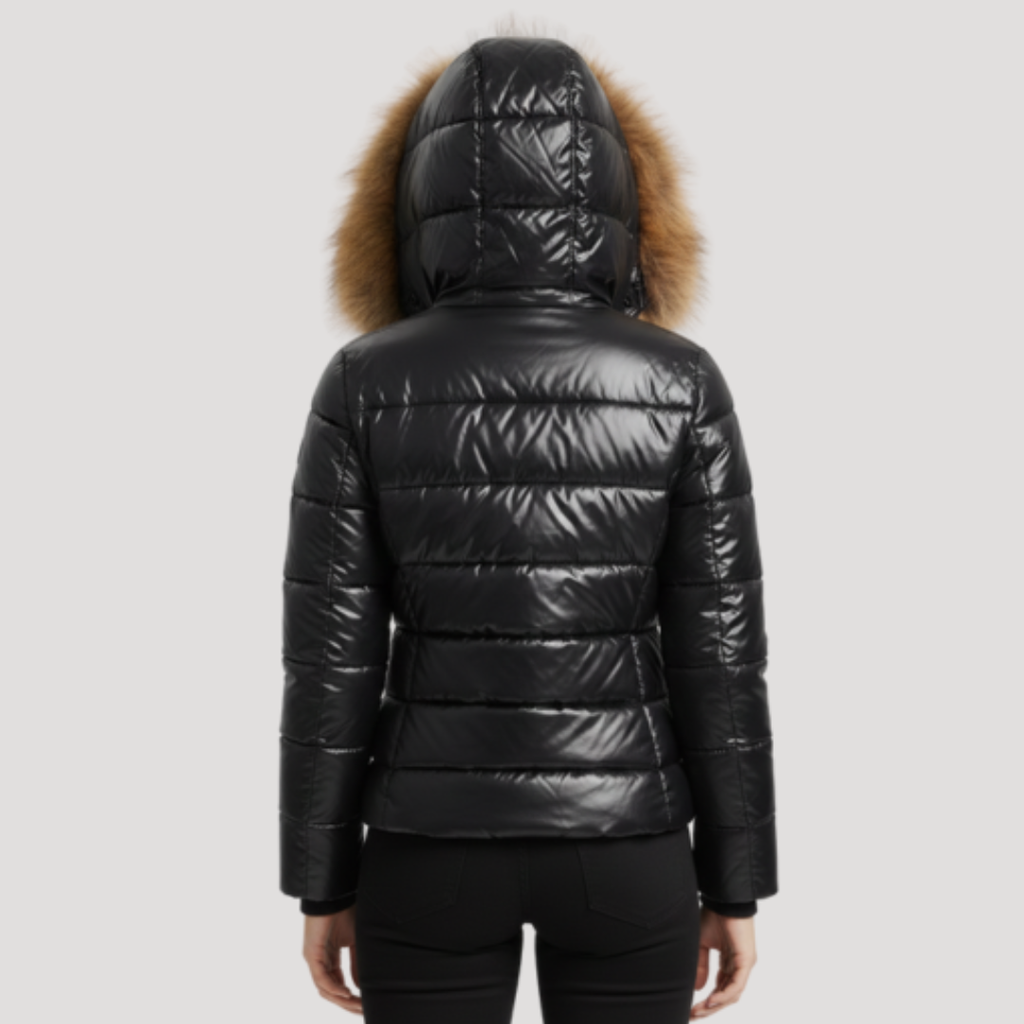 Faux fur trim glossy hooded puffer jacket with a faux fur hood trim