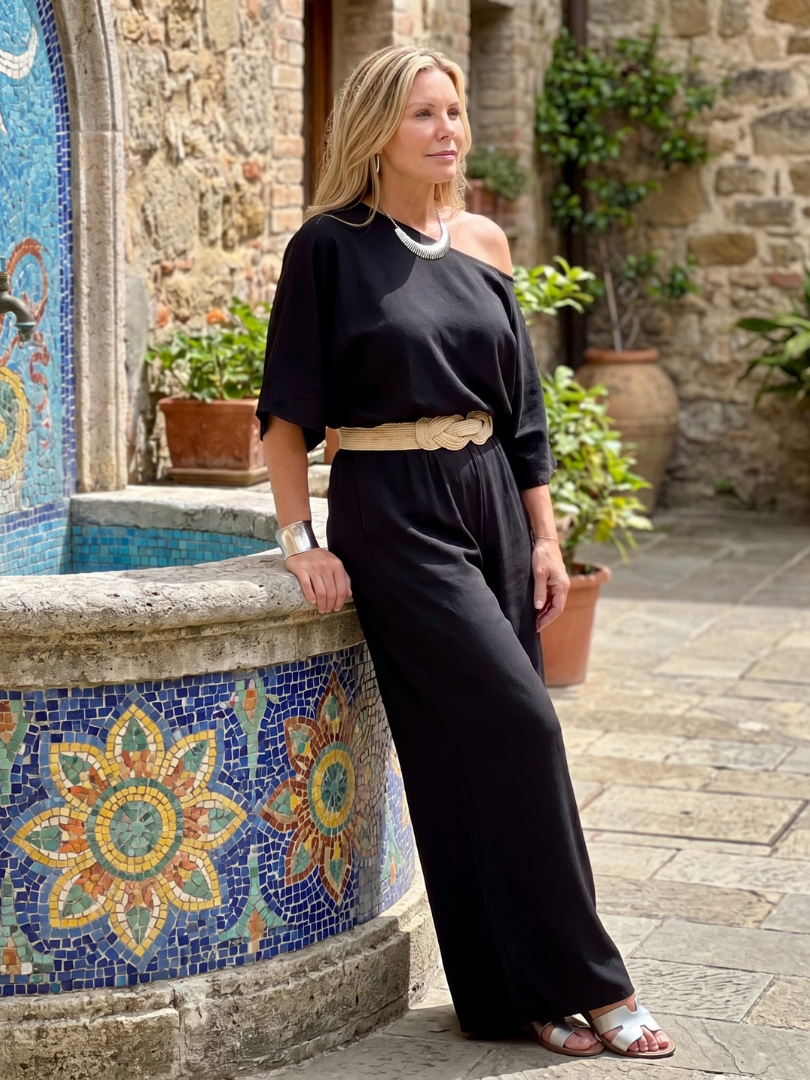 One-shoulder wide sleeve co-ord set, full length view