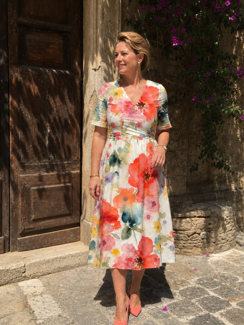 Corinne floral short sleeve V-neck midi dress, detail view