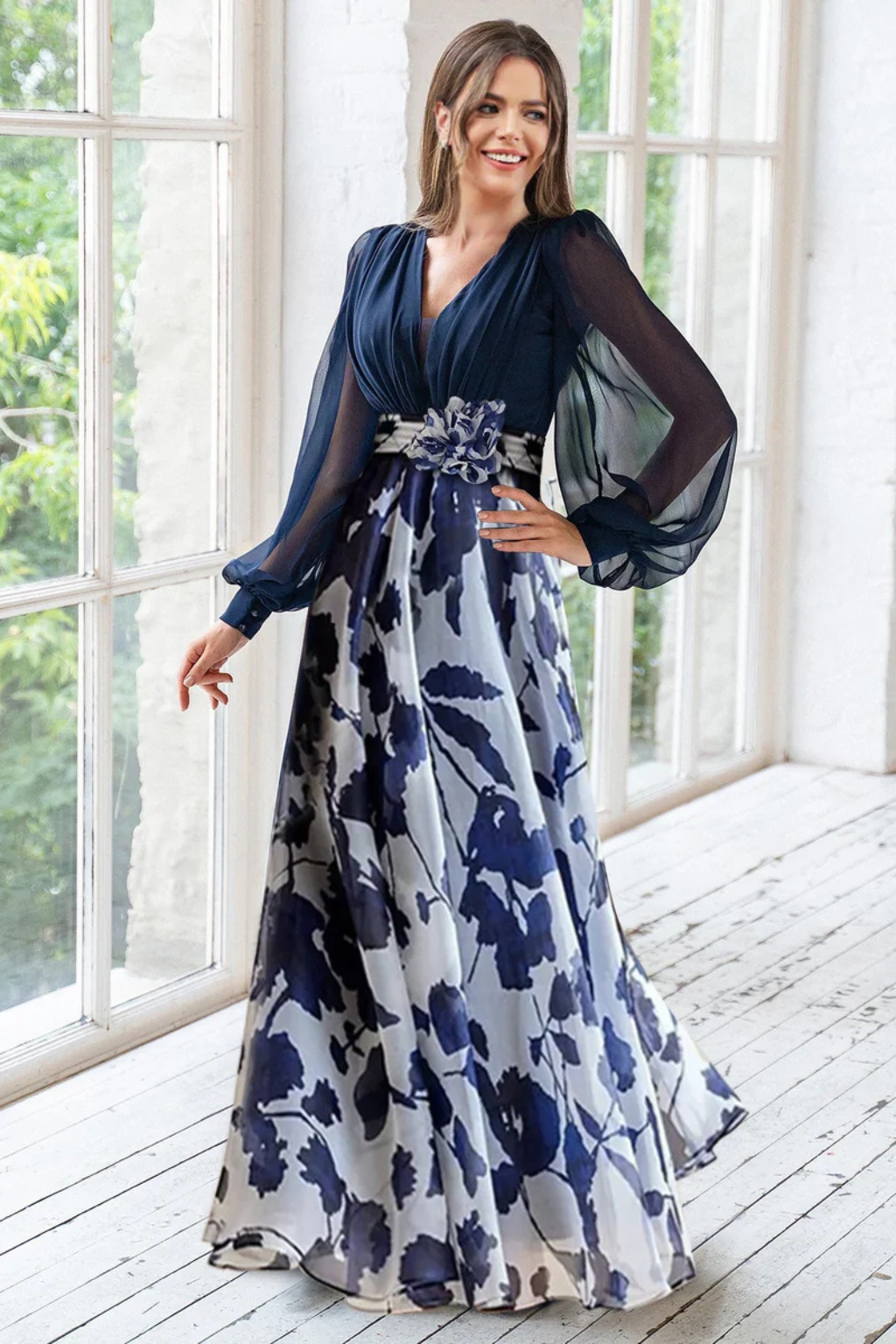 Front view of women's balloon sleeve floral maxi dress