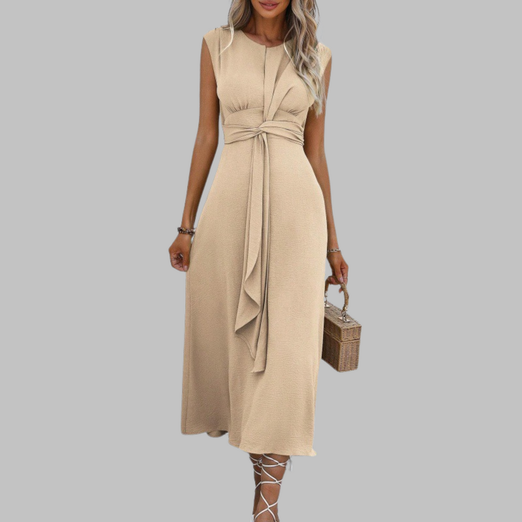 Close-up of waist belt on sleeveless A-line occasion dress