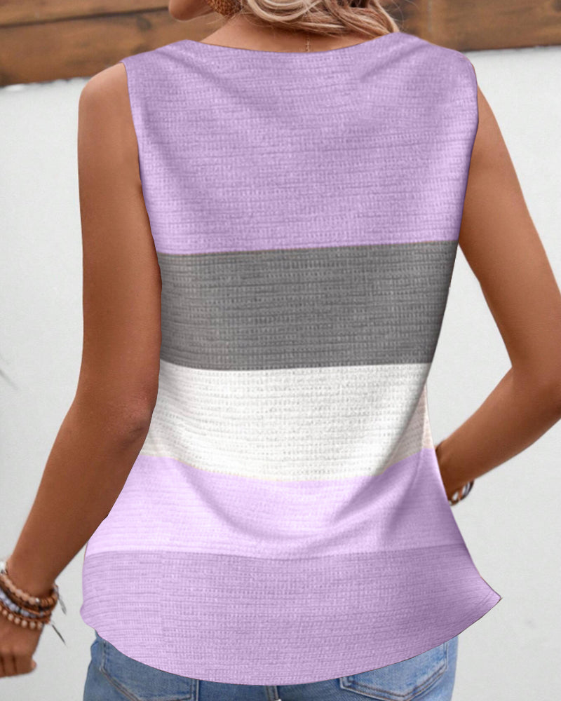 Striped Square Neck Shirred Button Sleeveless Vest Top