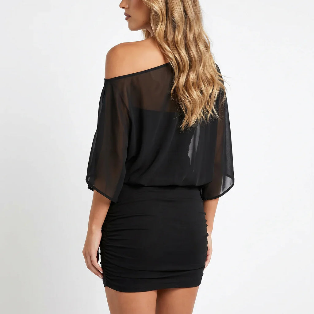 Off-Shoulder Ruched Mini Dress in Black, side view
