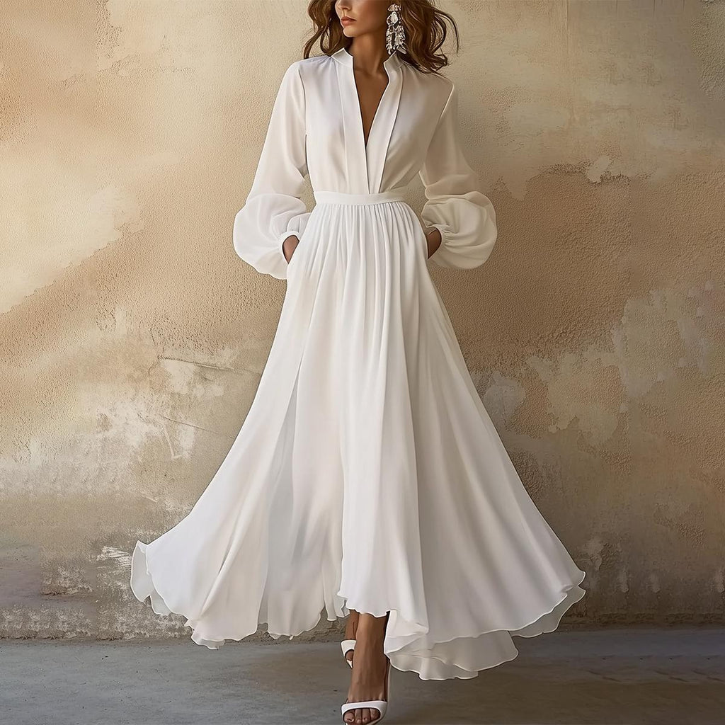 White Casual Vintage V-Neck Maxi Dress