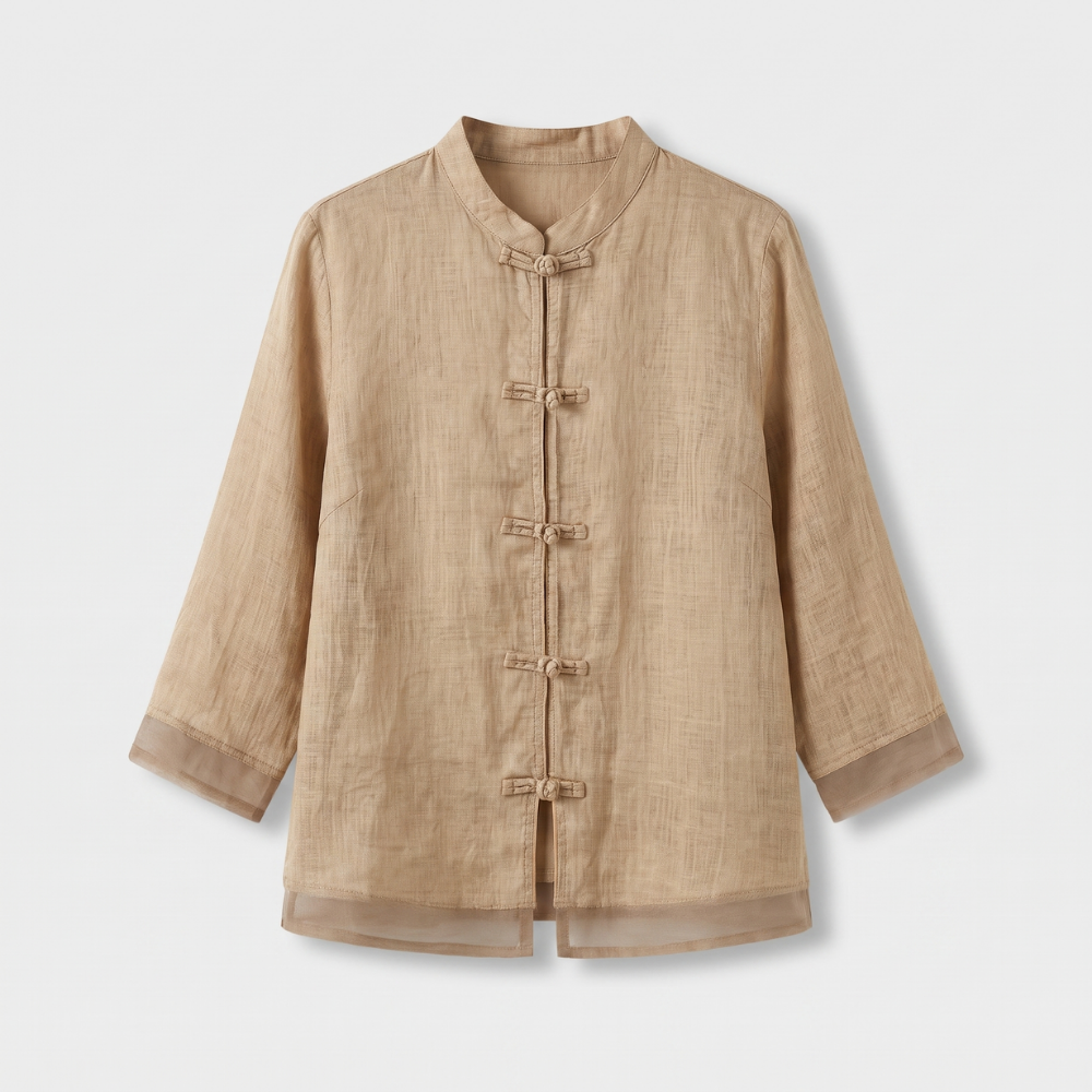 Mandarin Collar Frog Button Linen Blouse