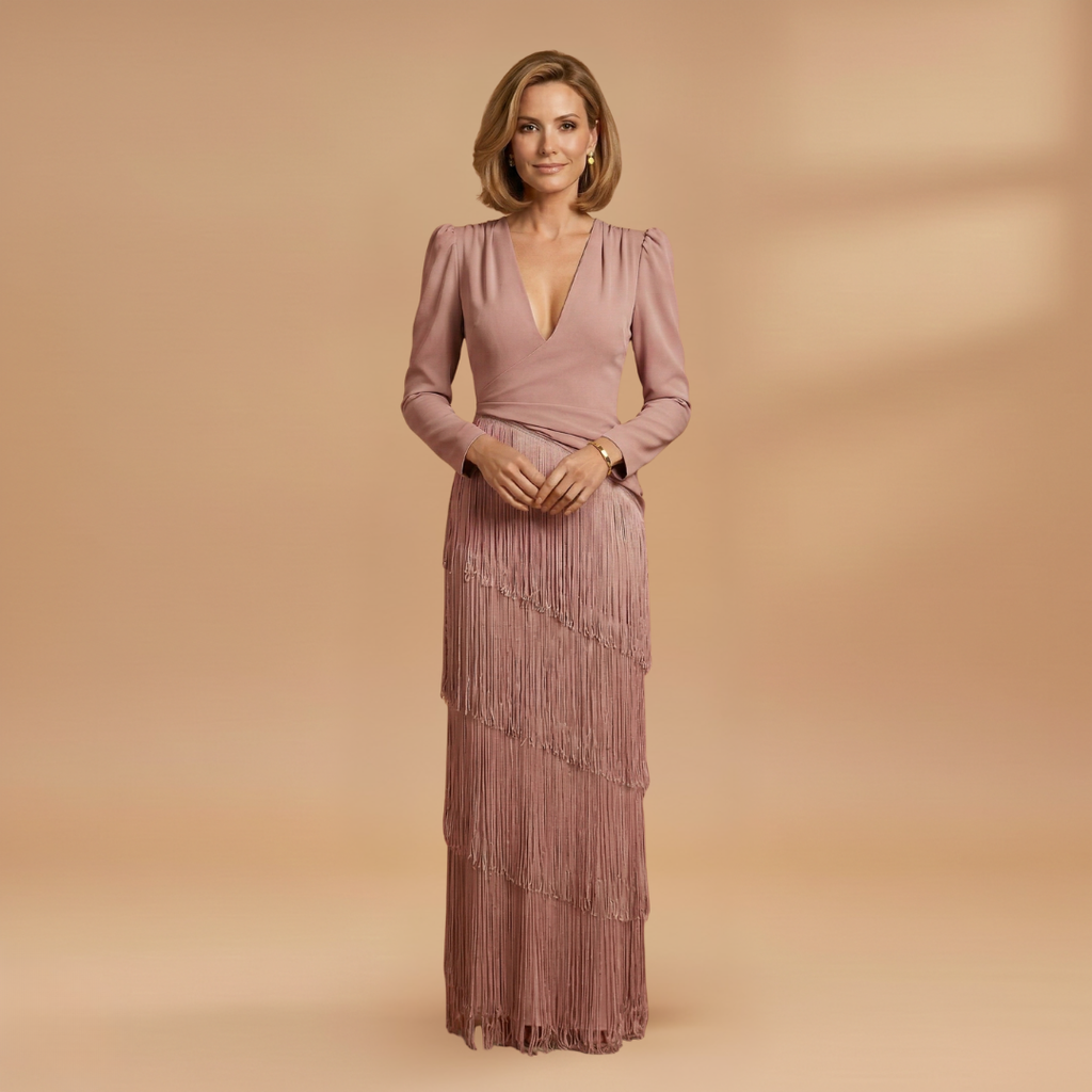 Side view of women's high waist pleated tassel evening dress