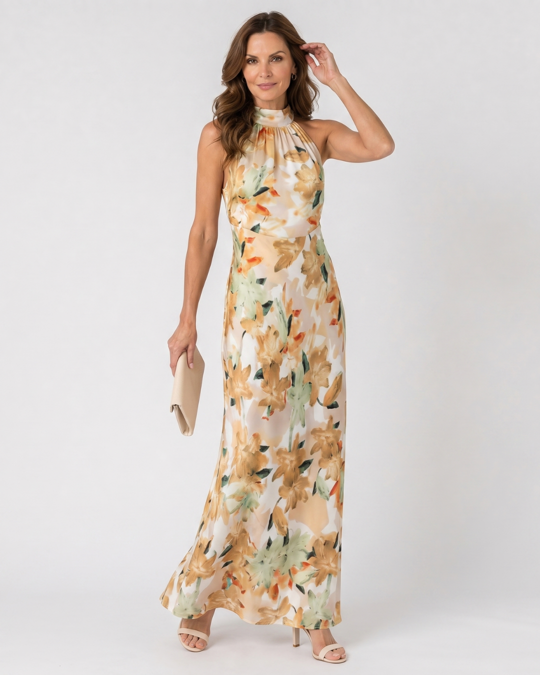 Floral halter neck midi dress in green, front view