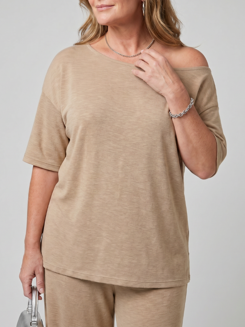 Off-shoulder wide leg trousers co-ord, side profile view