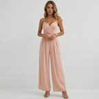 Women's high waisted spaghetti strap pleated wide leg jumpsuit, elegant party style, front view