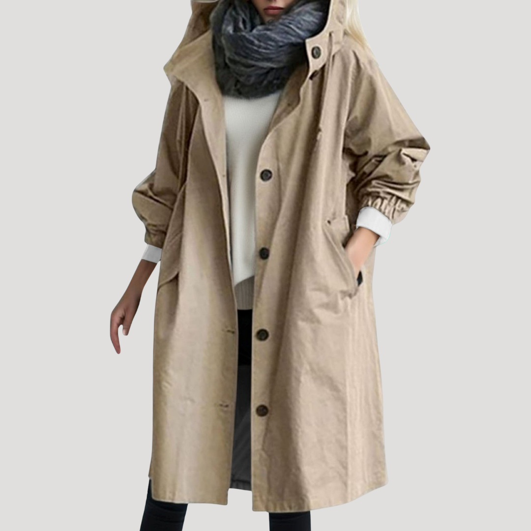 Relaxed hooded button front coat with an attached hood