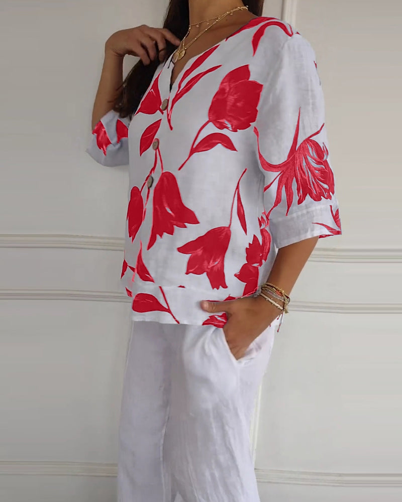 Floral Print Three Quarter Sleeve Cotton Linen Blouse