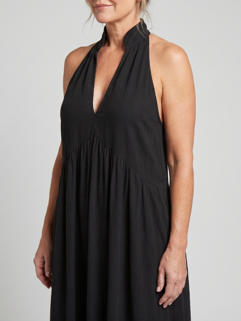 Relaxed Fit Casual Summer Midi Dress in Black, back view