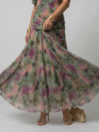 Off-shoulder midi dress with flowing flared skirt, styled look